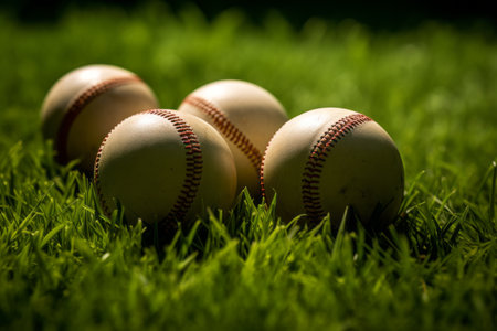 Capturing the Essence of Baseball: Stunning Close-Up Shots of Four Baseballs Resting on Fresh Greenの素材