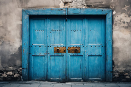 The Enigmatic Entrance: Unveiling the Closed Blue Wooden Door (AR 3:2)の素材