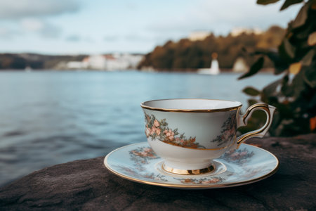 Serenity by the Shore: A Captivating Close-up of a White Ceramic Teacup Resting on a Saucer, Gazingの素材