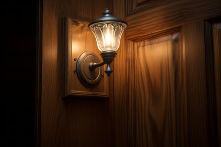 Intriguing Contrasts: Behind the Closed Door and the Radiance of Lighted Light Sconce --ar 3:2の素材