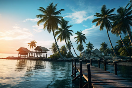 Tranquil Paradise: Coconut Trees Enchanting the Ocean and Dock --ar 3:2の素材