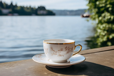 Serene Reflections: A Close-up Capture of a White Ceramic Teacup by the Waterside [AR 3:2]の素材
