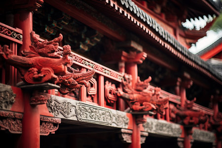 Vibrant and Detailed: Exploring the Close-up of a Red Wooden Temple --ar 3:2の素材