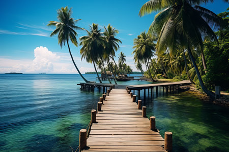 Tropical Paradise: Captivating Coconut Trees Along the Oceanic Shoreline and Dock --ar 3:2の素材