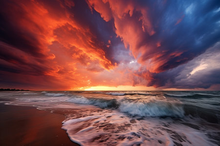 Captivating Contrast: Cloudy Bright Sunset Sky Meets Stormy Sea --ar 3:2の素材
