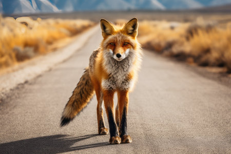 The Vibrant Journey of a Colorful Fox along an Empty Road --ar 3:2の素材