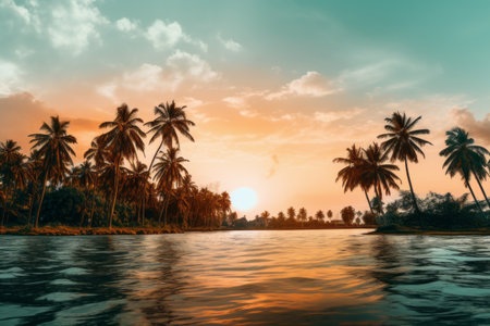 Tropical Serenity: Captivating Coconut Trees Embracing the Nearby Water --ar 3:2の素材