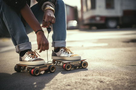 Urban Vibes: Vintage Tunes with a Modern Twist - Black Skateboarder Rockin the Streets with Retro Tの素材