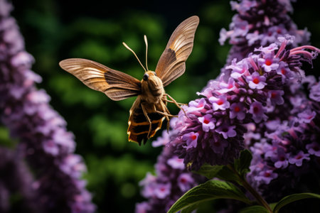 Majestic Encounter: A Brown Moth Gracefully Hovering over a Vibrant Purple Flower -- ar 3:2の素材