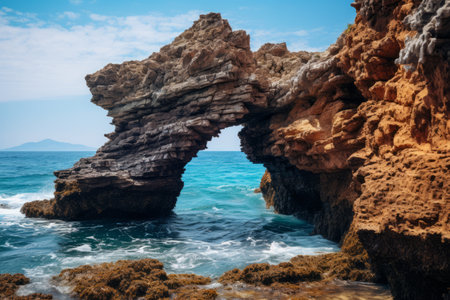 Captivating Fusion: The Enchanting Brown Rock Formation Amidst the Azure Sea --ar 3:2の素材