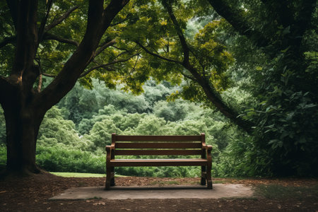 Natures Tranquil Rest: Brown Wooden Bench Harmoniously Adorned Under the Shade of a Green Leaf Treeの素材