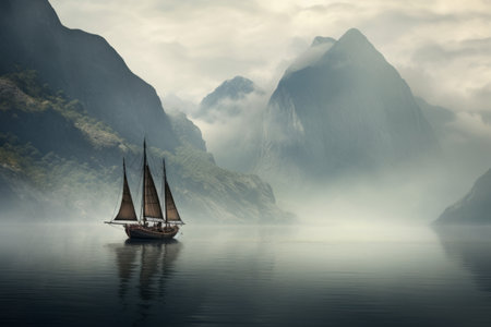 Majestic Boat Sailing Amidst Enchanting Gray Mountains on Endless Sea --AR 3:2の素材
