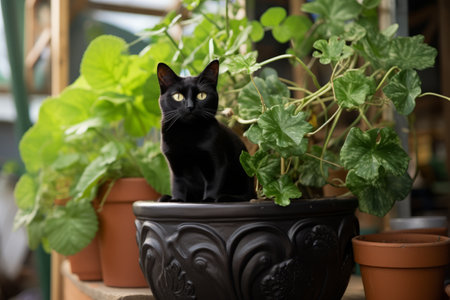 Captivating Contrast: The Mysterious Black Cat on Planters Pot --ar 3:2の素材