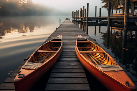 Serenity on the Water: A Brown Wooden Dock and Kayak Harmonize in Natures Beautyの素材