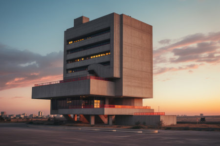 Glowing Pinnacle: Capturing a Concrete Building during Sunset (AR 3:2)の素材