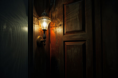 Behind Closed Doors: Illuminated by Light Sconce --ar 3:2の素材