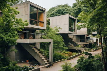 Blending Modernity with Nature: Capturing Concrete Houses and Green Trees in Stunning 3:2 Photoの素材