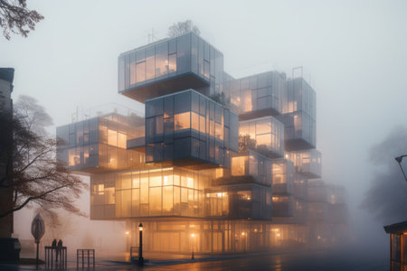 Misty Urban Elegance: Captivating Contemporary Multistory House Facades Amidst a Fog-Enveloped Citysの素材