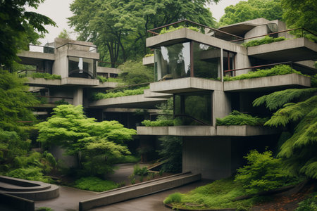 Captivating Contrast: Embracing Natures Harmony in Concrete Houses and Green Treesの素材