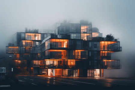 Mysterious Cityscape: Fog-Kissed Contemporary Multistory House Facadesの素材
