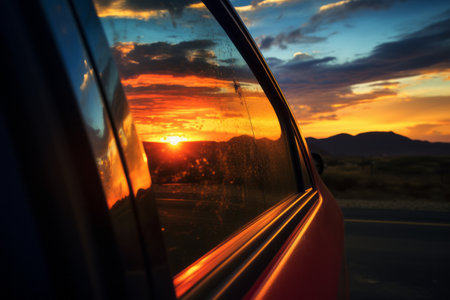 Majestic Shades: Capturing the Colorful Sunset Sky through a Car Mirror - [AR 3:2]の素材