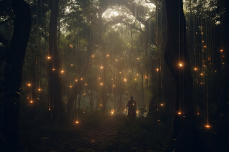 Enchanting Shadows: Crepuscular Lights Passing Through Trees - AR 3:2の素材