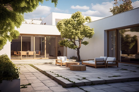 Serenity and Sophistication: Captivating the Courtyard of a Modern Villa on a Blissful Sunny Dayの素材