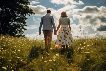 Natures Bliss: A Couples Serene Stroll on Lush Green Grass - AR 3:2の素材