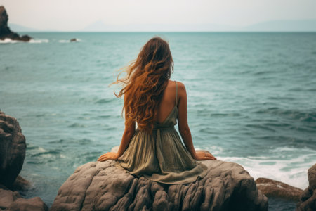 Serenity by the Sea: A Crop Womans Tranquil Reflection -- AR 3:2の素材