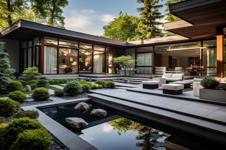 Serenity and Style: Exploring the Courtyard of a Modern Residential House in Summer - AR 3:2の素材