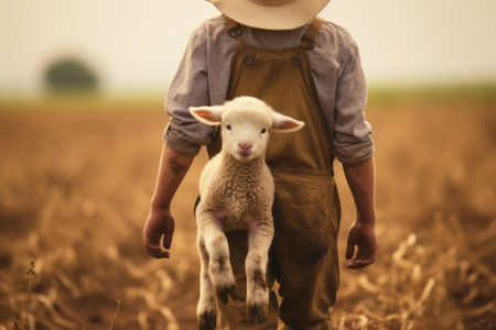 Captivating Image: Anonymous Farmer Embracing Cute Lambs in a Serene Landscapeの素材