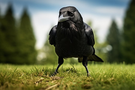 The Striking Image of a Crow Gracefully Treading on a Lush Green Ground- an Awe-inspiring AR 3:2 Sceの素材