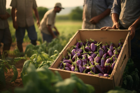 Bountiful Harvest: Rural Crop Farmers Unveil Box Full of Fresh Eggplants in the Countrysideの素材