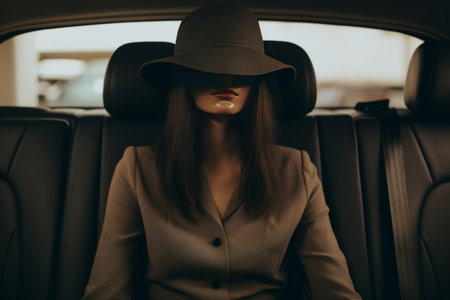 Mysterious Beauty: Graceful Woman Captured in Car Passenger Seatの素材