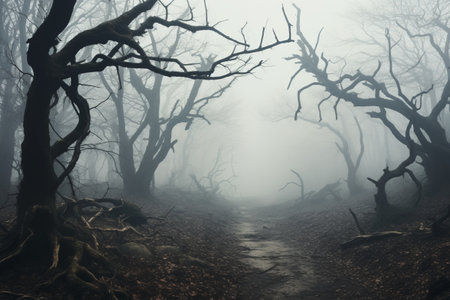 Frozen Ghosts: Captivating the Enigmatic Beauty of Dry Leafless Trees in a Foggy Woodland - AR 3:2の素材