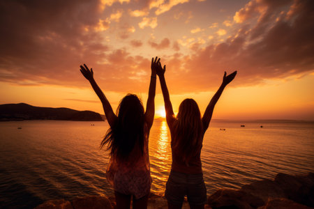Unbridled Joy: Exhilarated Young Women Embracing the Sunsets Embrace by the Sea - AR 3:2の素材