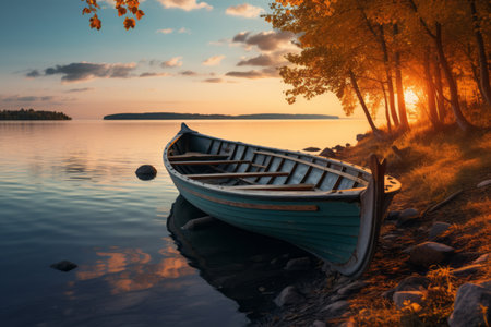 Capturing Serenity: Tranquil Golden Hour with an Empty Gray Canoe Boat by the Shoreの素材