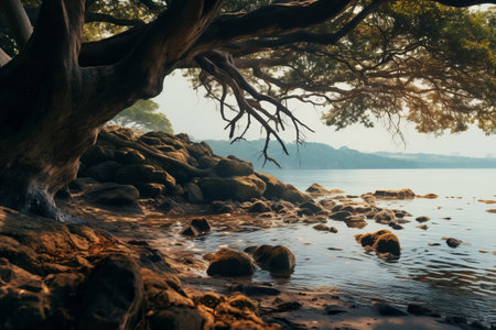 Serene Reflections: Drift Woods Embracing the Waters Under the Treeの素材