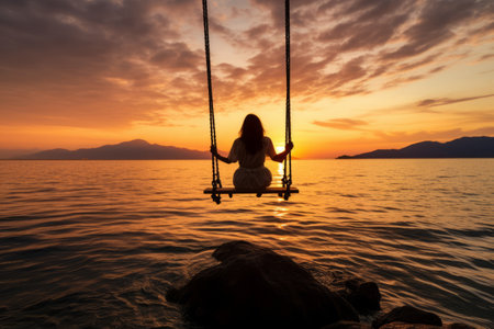 Serenity Unleashed: A Faceless Traveler Swinging in the Sea at Sunsetの素材