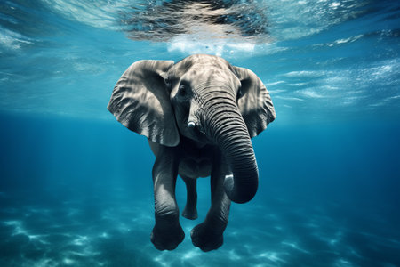 Magnificent Elephant gracefully swimming in the enchanting blue watersの素材