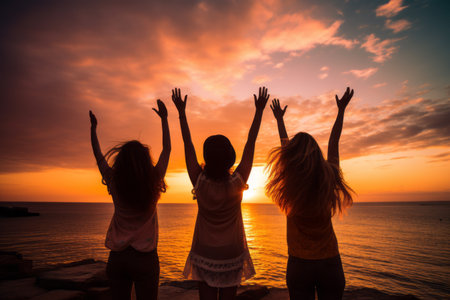 Sun-Kissed Serenity: Captivated Young Women Embracing the Sunsets Majestic Glow by the Sea - AR 3:2の素材