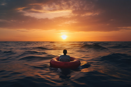 Serene Sunset: A Faceless Male Traveler Embracing the Ocean in an Inflatable Ringの素材