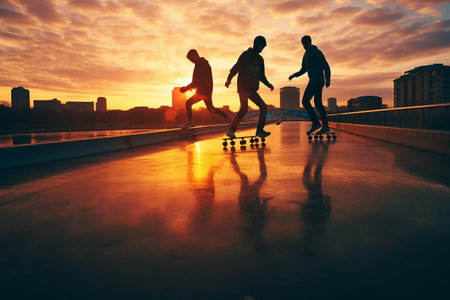 Spectacular Sunset Skating: Exhilarating Sporty Men on Embankmentの素材