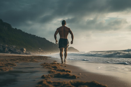 The Striking Image of a Faceless Muscular Man Jogging on a Picturesque Wet Seashoreの素材