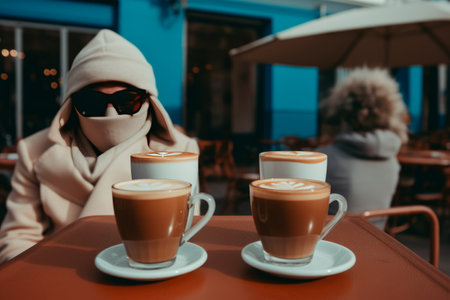 Coffee Bliss: A Faceless Couple Savoring Cappuccino in a Charming Street Cafeの素材