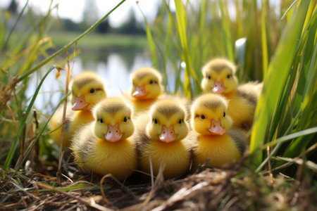 Vibrant Yellow Flock: Delightful Baby Ducks Grazing on the Green Grassの素材