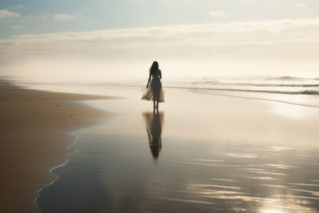 Mysterious Woman Embracing the Serenity of a Misty Morning Beachの素材