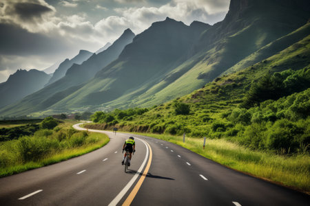 Conquering the Heights: Adventurous Female Cyclist Embracing Nature on a Mountain Road in Summer - Aの素材