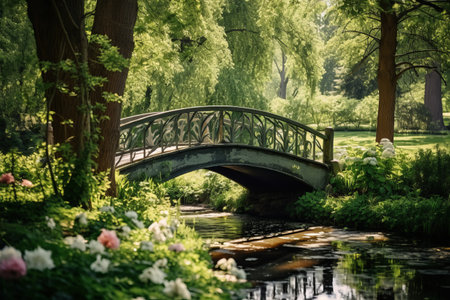 Tranquil Summer Oasis: Discovering the Iconic Footbridge Over a Serene Riverの素材
