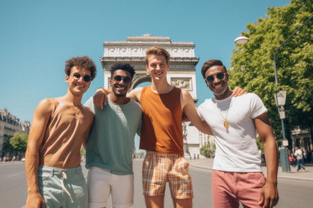 Triumphant Unity: Diverse Male Friends Radiating Energy under the Sunny Archの素材